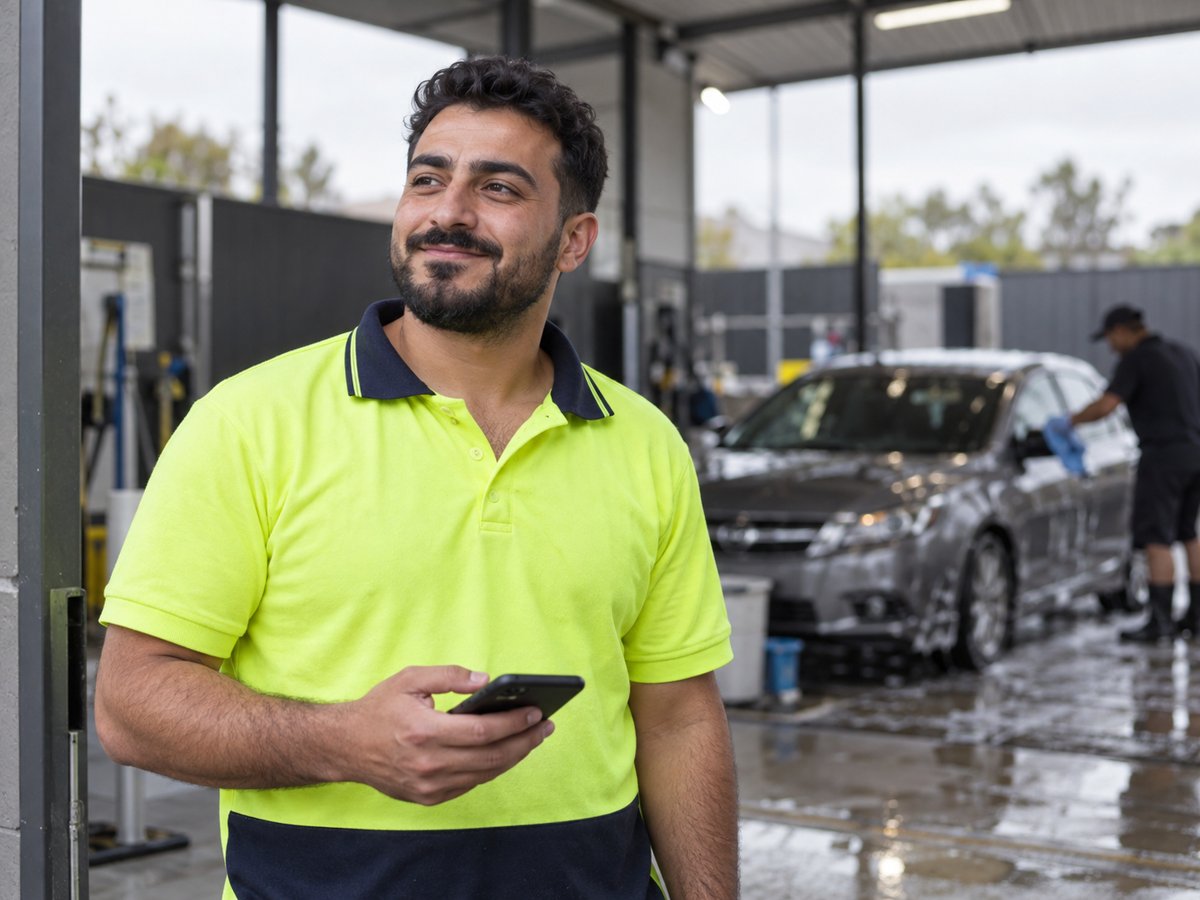Illustrative car wash owner at the entrance of his bays, looking up from his phone
